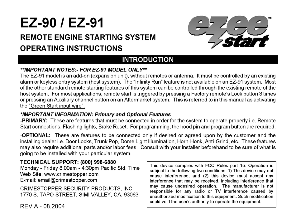 Crimestopper Ezee Start Ez 90 Operating Instructions Manual Pdf Download Manualslib