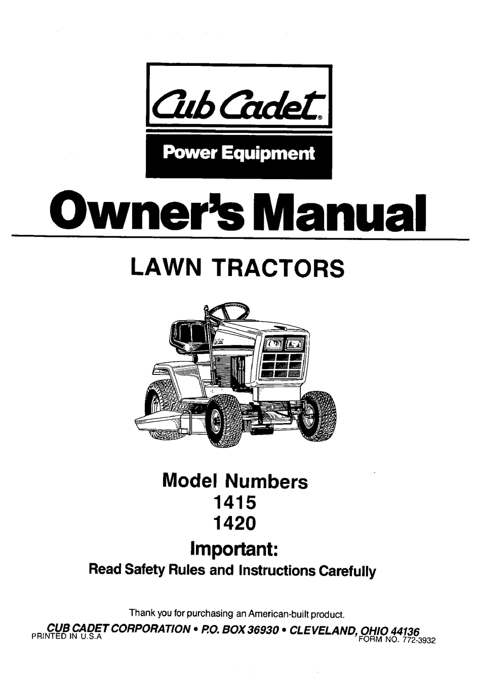 Cub Cadet Lawn Tractor Operators Manual #3184 