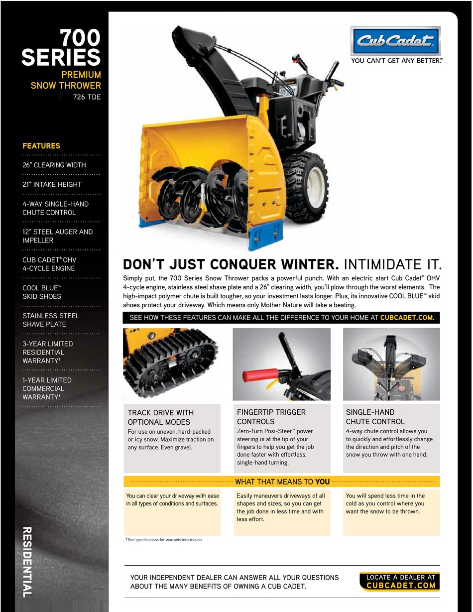 CUB CADET SNOW THROWER 726 TDE SPECIFICATIONS Pdf Download ManualsLib