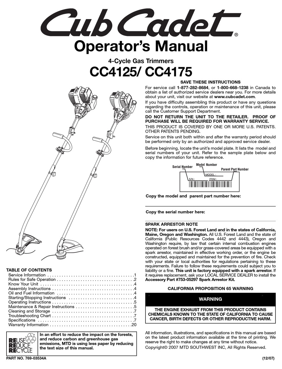 Maintenance And Repair Instructions - Cub Cadet BC2090 Operator's