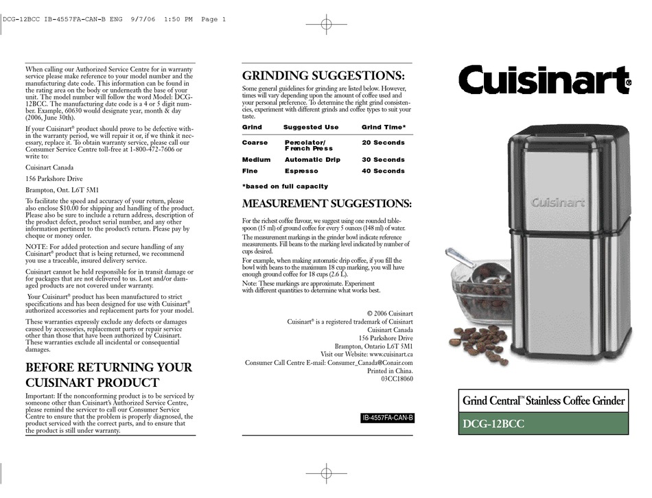CUISINART GRIND CENTRAL DCG-12BCC USER 
