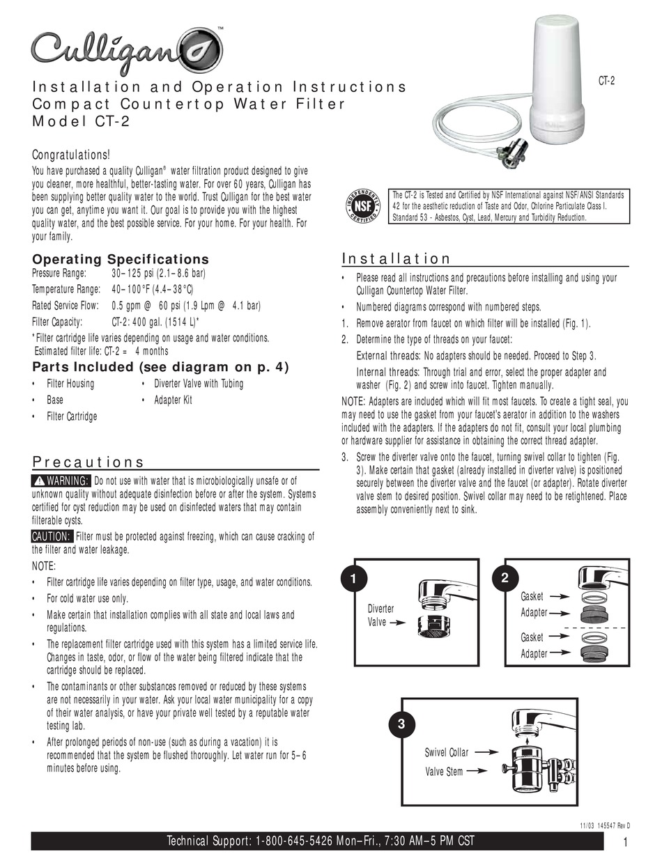 CULLIGAN CT2 INSTALLATION AND OPERATION INSTRUCTIONS MANUAL Pdf