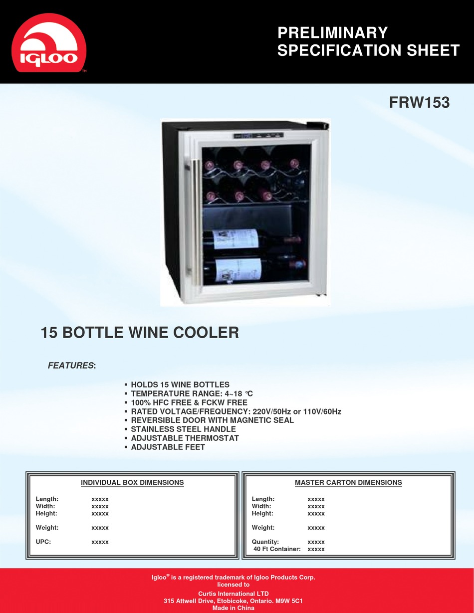 IGLOO FRW153 SPECIFICATION SHEET Pdf Download | ManualsLib