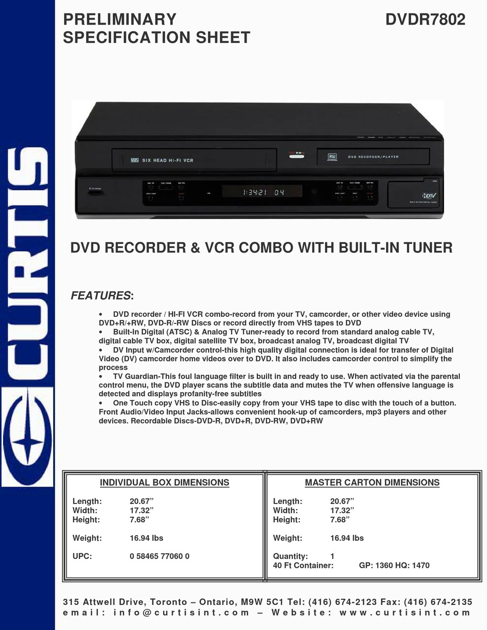 CURTIS DVD7802 SPECIFICATION SHEET Pdf Download ManualsLib
