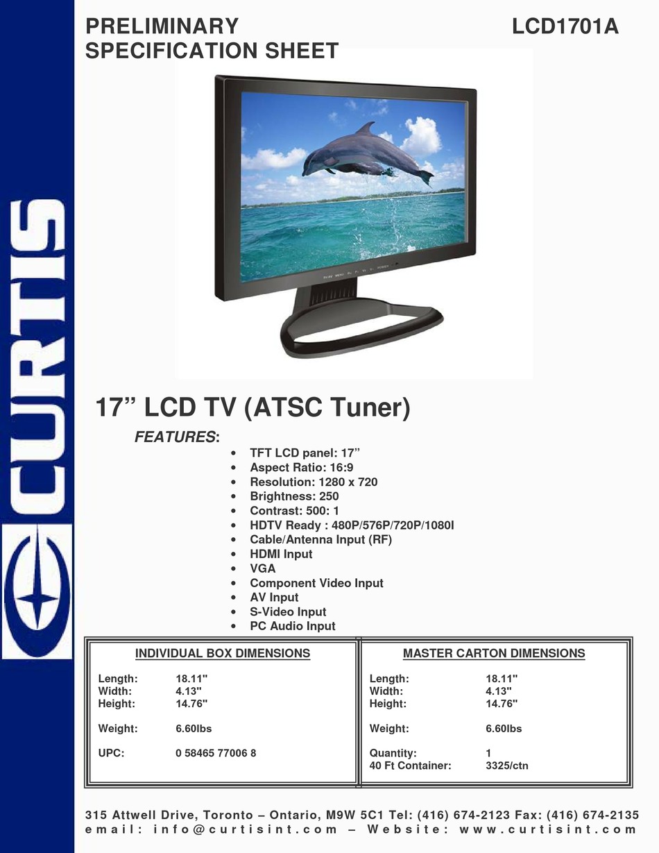CURTIS LCD1701A SPECIFICATION SHEET Pdf Download ManualsLib