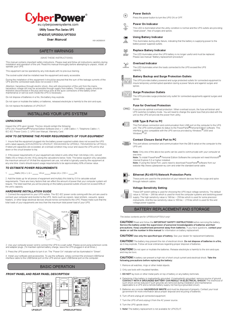 CYBERPOWER UTILITY TOWER PLUS SERIES UPS UP425UIT USER MANUAL Pdf