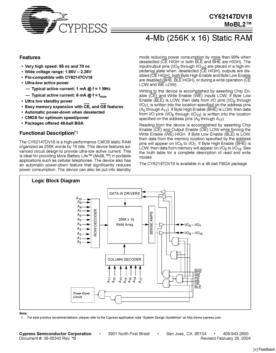 CYPRESS SEMICONDUCTOR CY62147DV18 SPECIFICATION SHEET Pdf Download