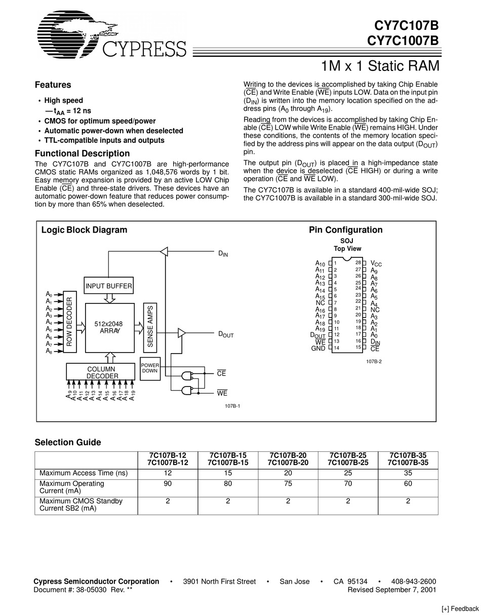 CYPRESS SEMICONDUCTOR CY7C1007B SPECIFICATION SHEET Pdf Download