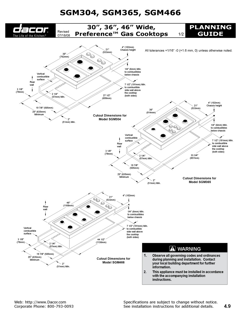 DACOR PREFERENCE GAS COOKTOPS PLANNING MANUAL Pdf Download ManualsLib