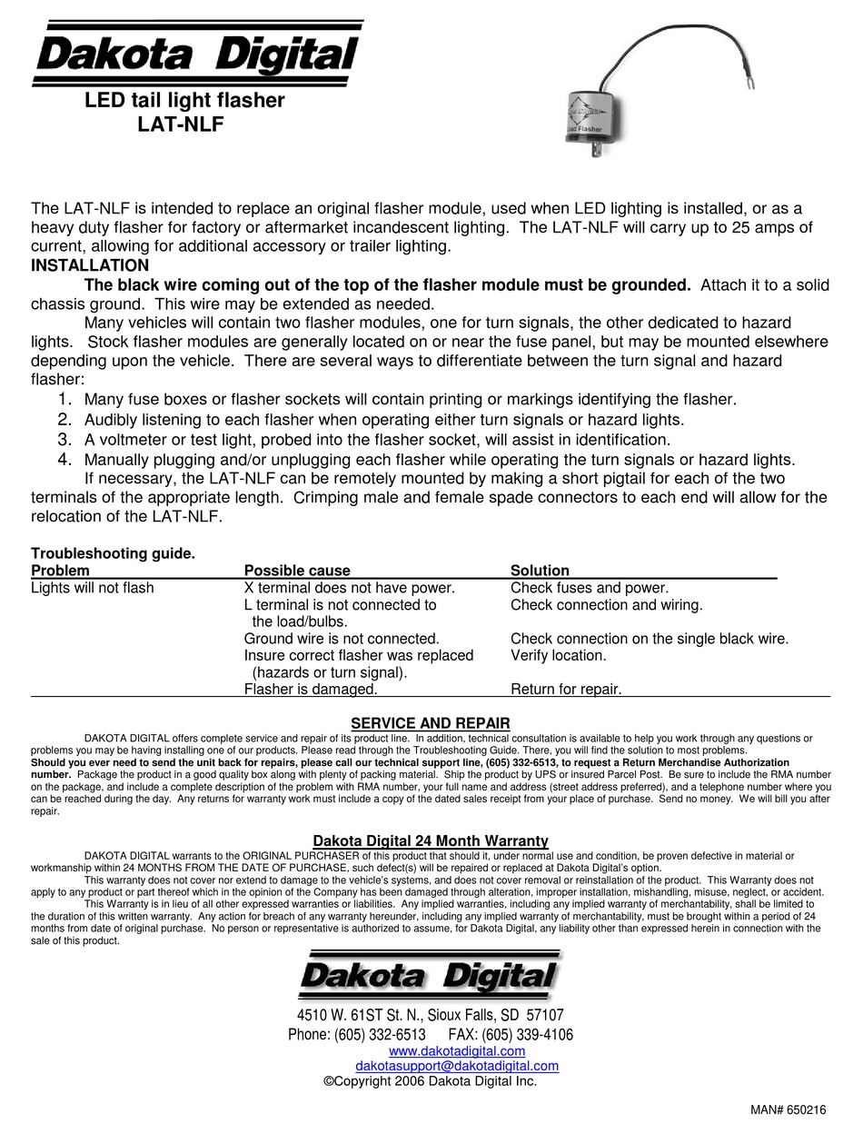 DAKOTA DIGITAL LED TAIL LIGHT FLASHER LATNLF INSTALLATION MANUAL Pdf