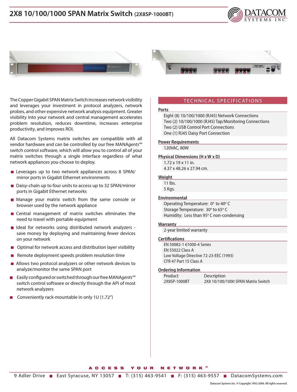 DATACOM SYSTEMS 2X8SP 1000BT SPECIFICATION SHEET Pdf Download ManualsLib
