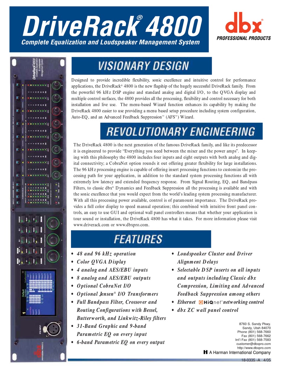 DBX DRIVERACK 4800 SPECIFICATION SHEET Pdf Download ManualsLib