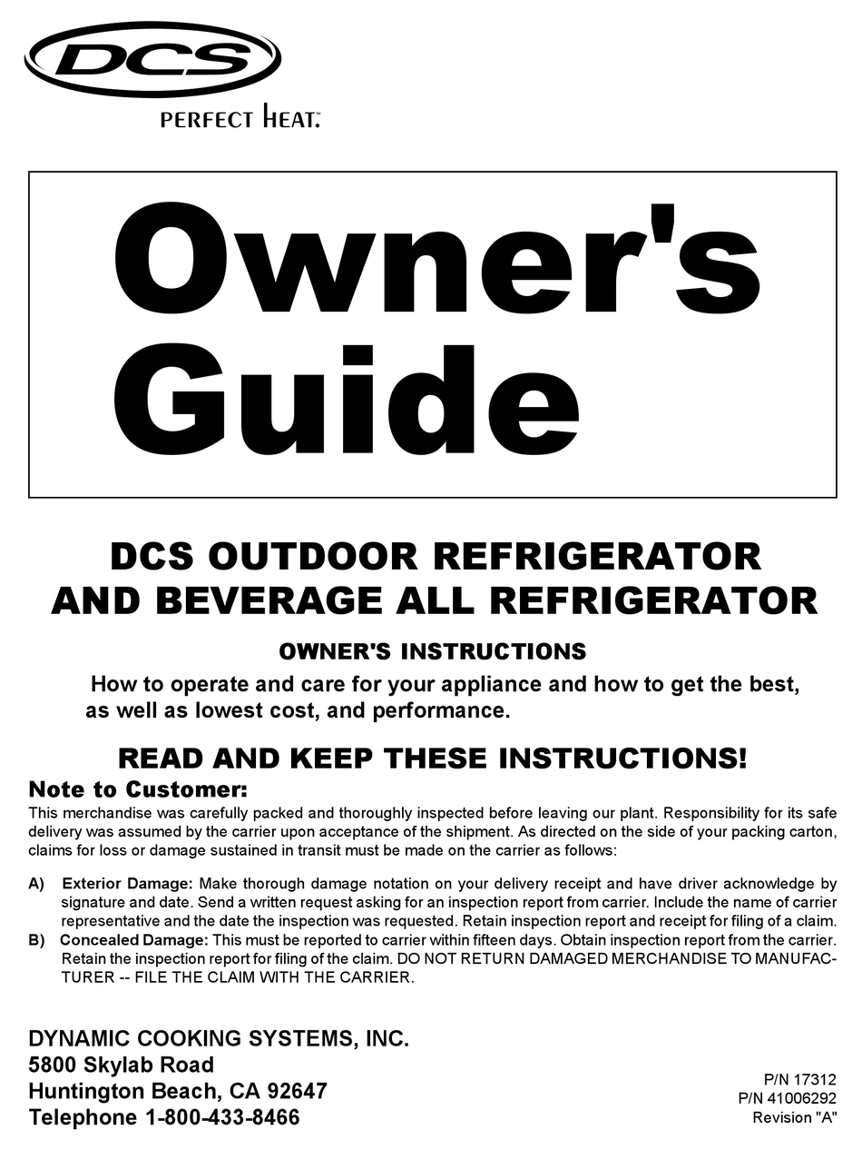 DCS OUTDOOR REFRIGERATOR AND BEVERAGE ALL REFRIGERATOR OWNER'S MANUAL