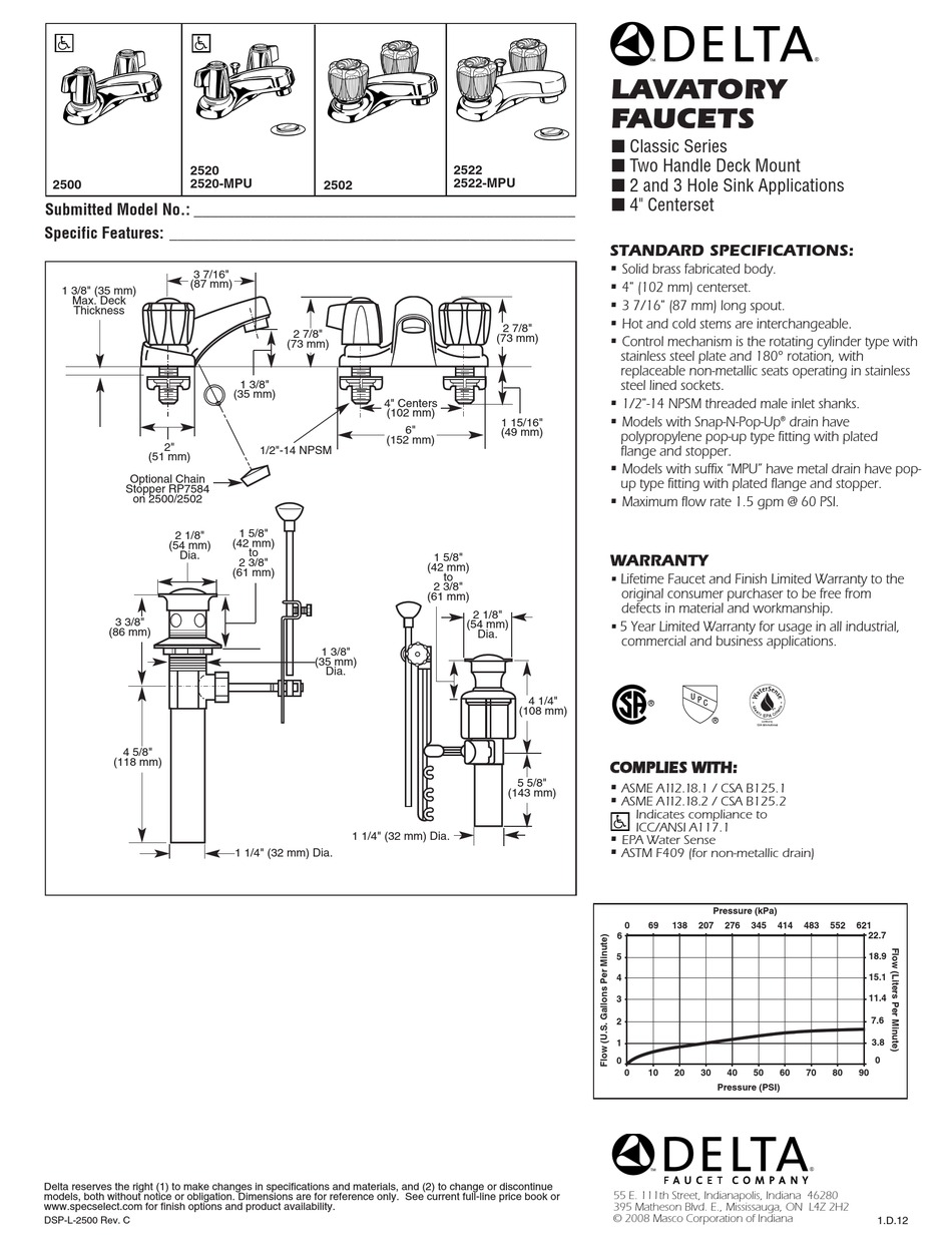 DELTA 2520MPU SPECIFICATION SHEET Pdf Download ManualsLib