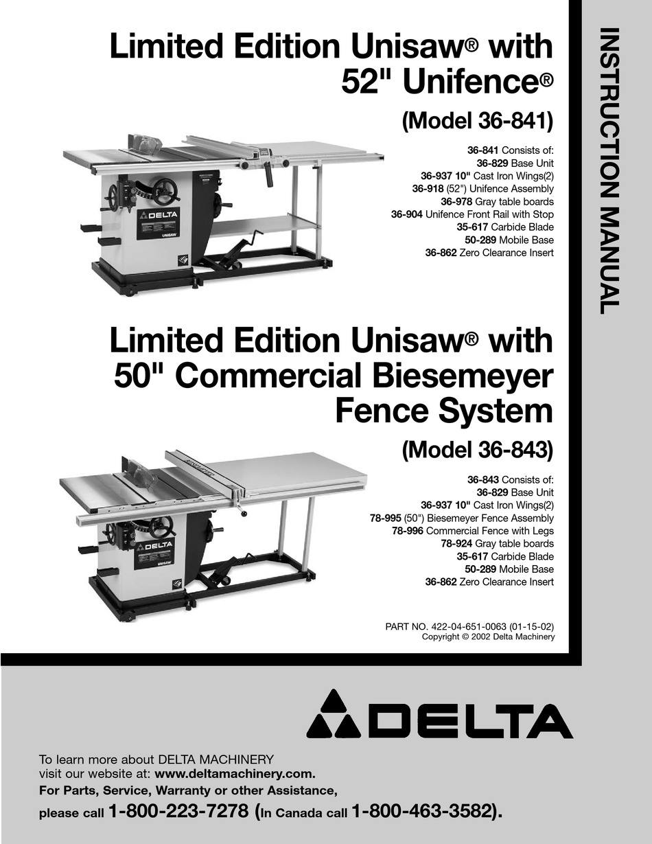 Delta 36-889 Unifence Saw Guide 52" Instructions Manual 