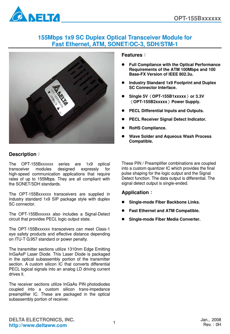 DELTA ELECTRONICS OPTICAL TRANSCEIVER MODULE OPT155BXXXXXX