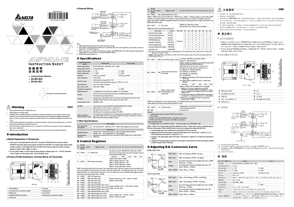 DELTA ELECTRONICS PROGRAMMABLE LOGIC CONTROLLER DVP04DAH2 INSTRUCTION