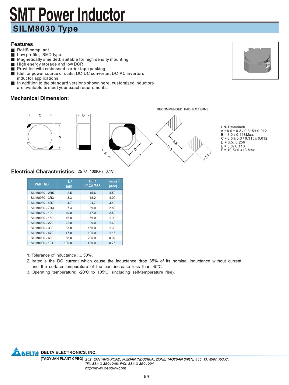 DELTA ELECTRONICS SMT POWER INDUCTOR SILM8030 SPECIFICATION SHEET Pdf ...