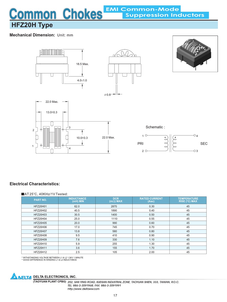 DELTA ELECTRONICS SUPPRESSION INDUCTORS HFZ20H SPECIFICATION SHEET Pdf ...