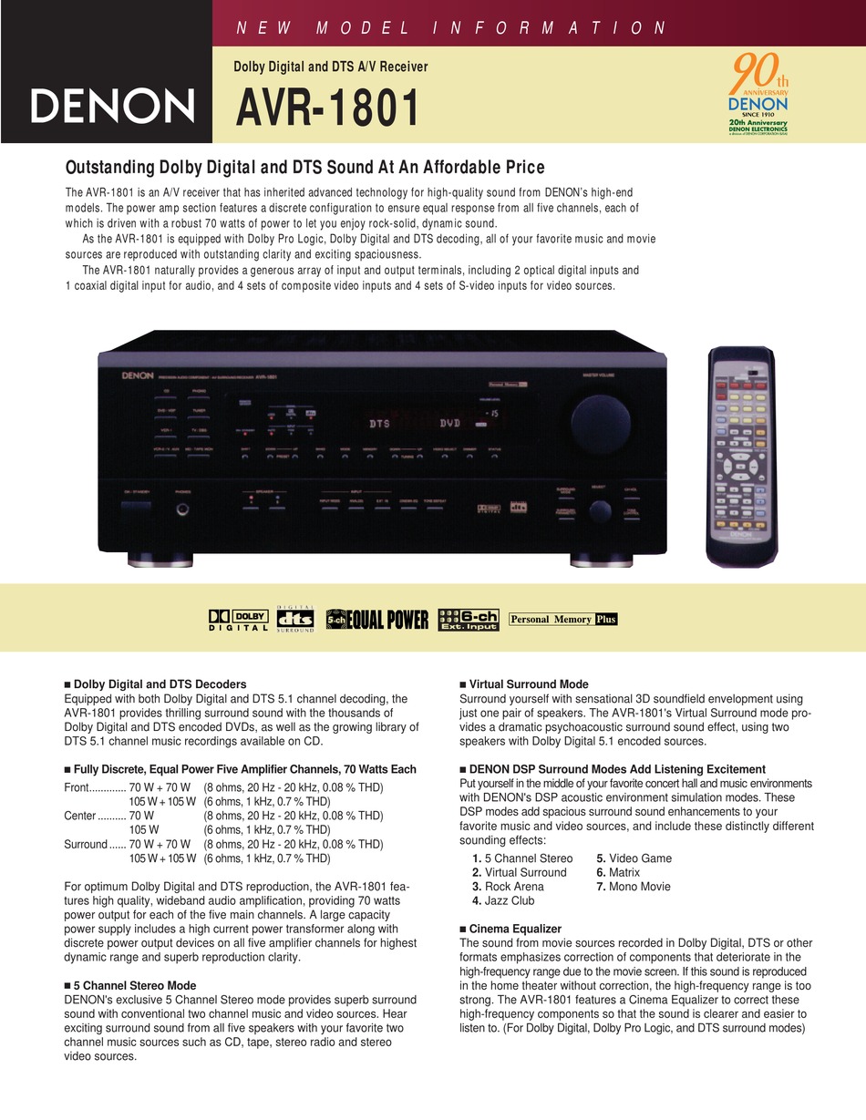 DENON AVR-1801 BROCHURE & SPECS Pdf Download | ManualsLib