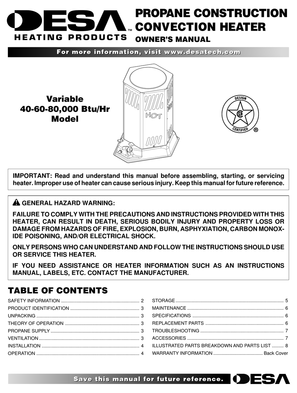 DESA PROPANE CONSTRUCTION CONVECTION HEATER OWNER'S MANUAL Pdf Download ManualsLib