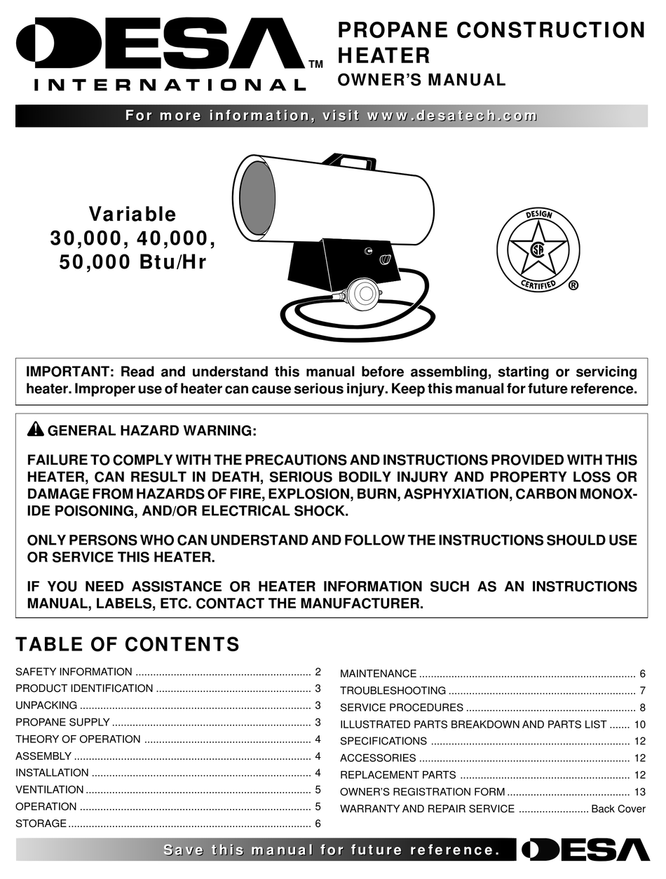 DESA ROPANE CONSTRUCTION HEATER OWNER