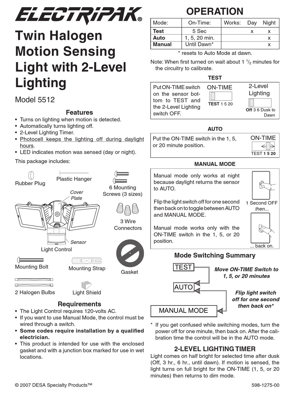DESA TWIN HALOGEN MOTION SENSING LIGHT WITH 2LEVEL LIGHTING 5512 OWNER