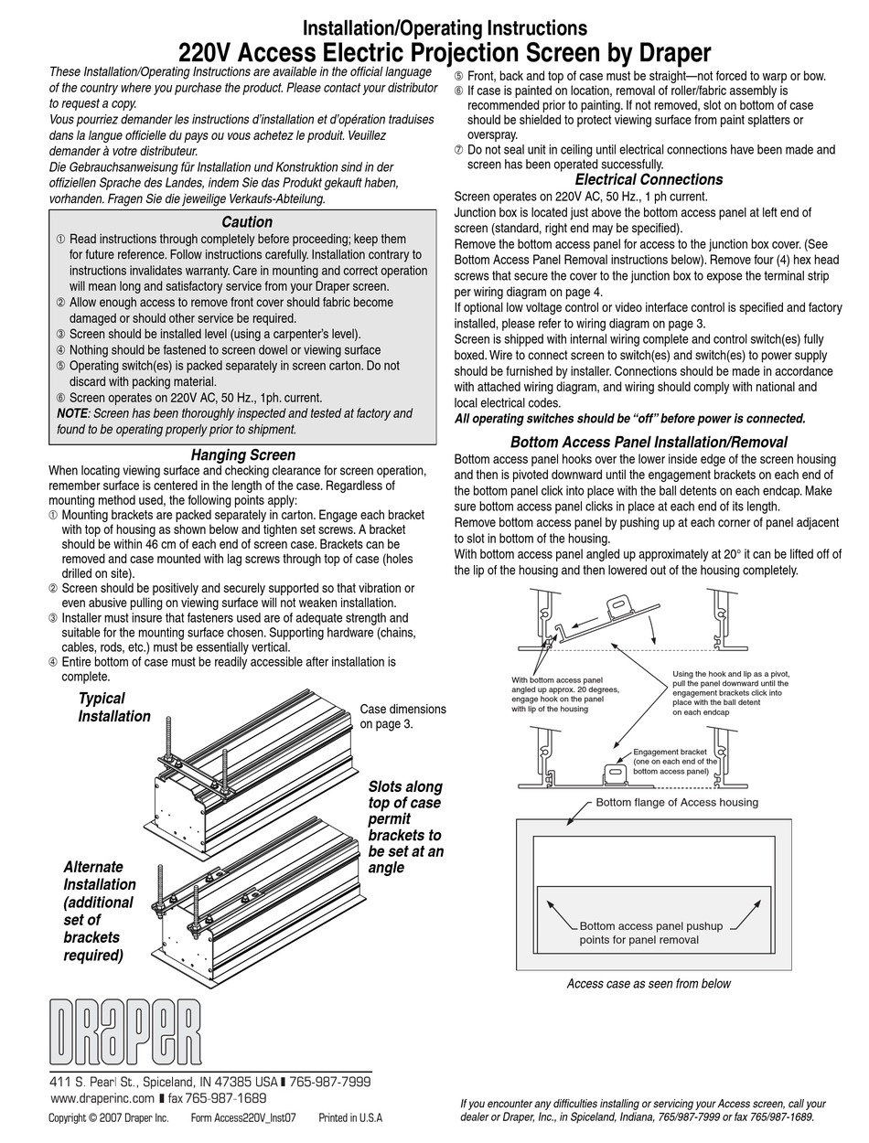 DRAPER 220V ACCESS ELECTRIC PROJECTION SCREEN INSTALLATION AND ...