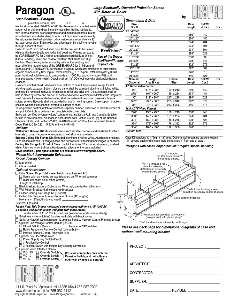 DRAPER PARAGON LARGE ELECTRICALLY OPERATED PROJECTION SCREEN