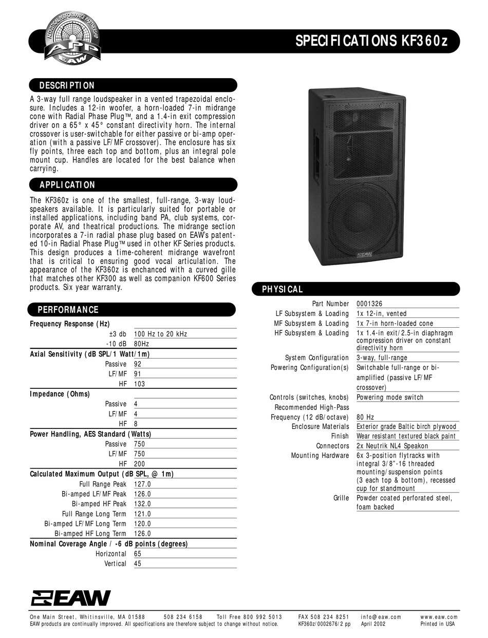 EAW KF360Z SPECIFICATIONS Pdf Download ManualsLib