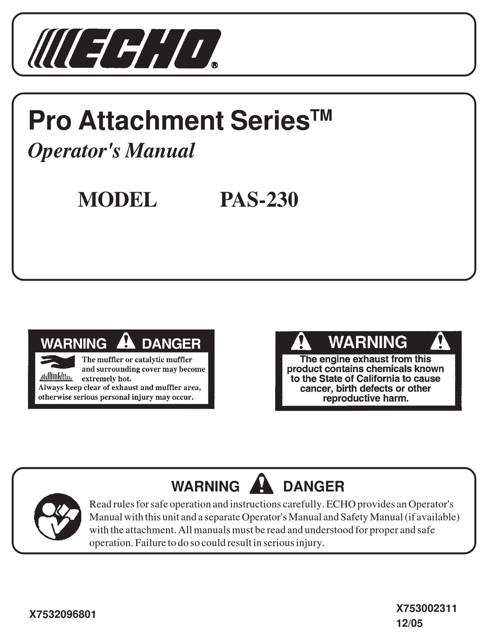 ECHO PRO ATTACHMENT SERIES PAS-230 OPERATOR'S MANUAL Pdf Download