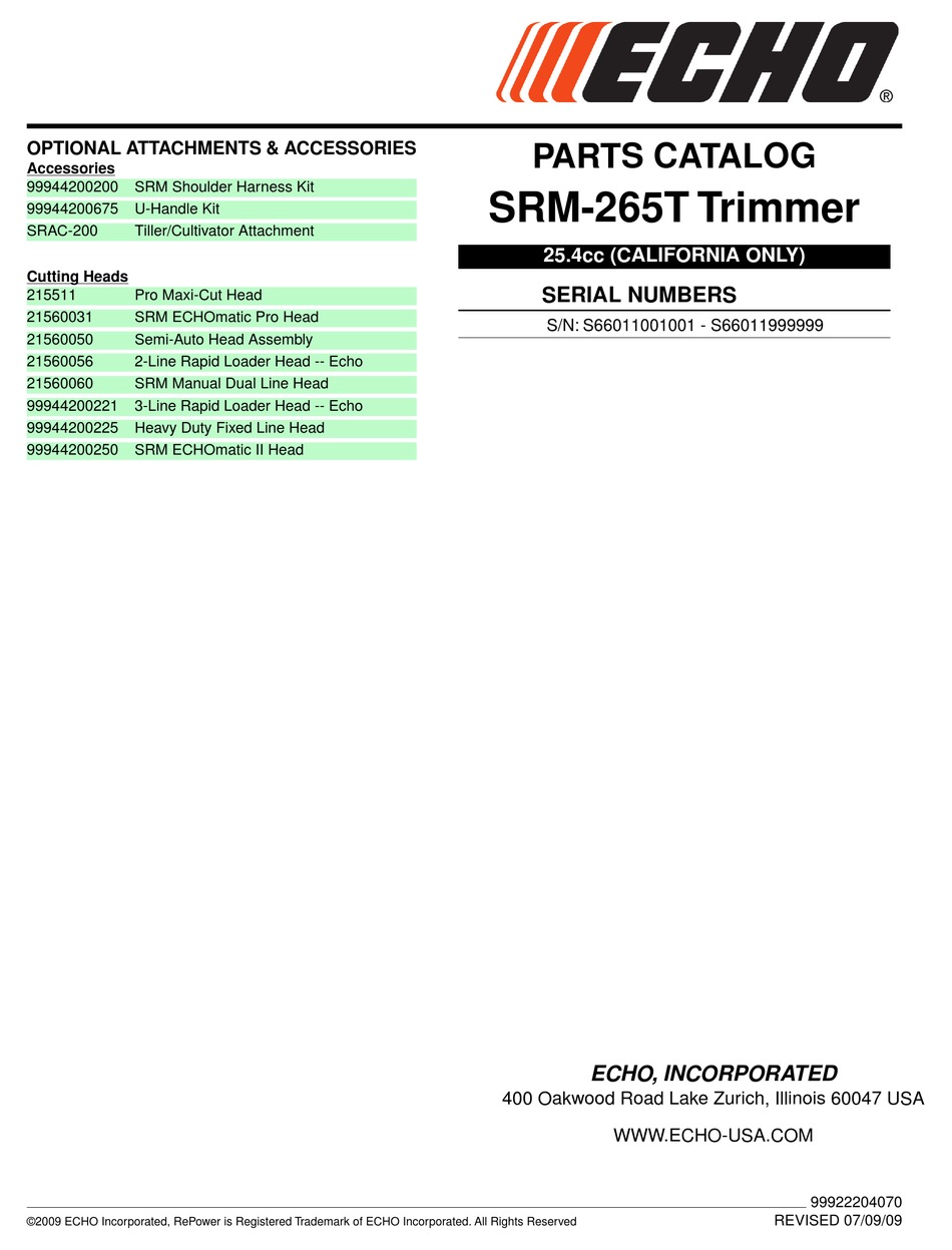 ECHO SRM265T PARTS CATALOG Pdf Download ManualsLib