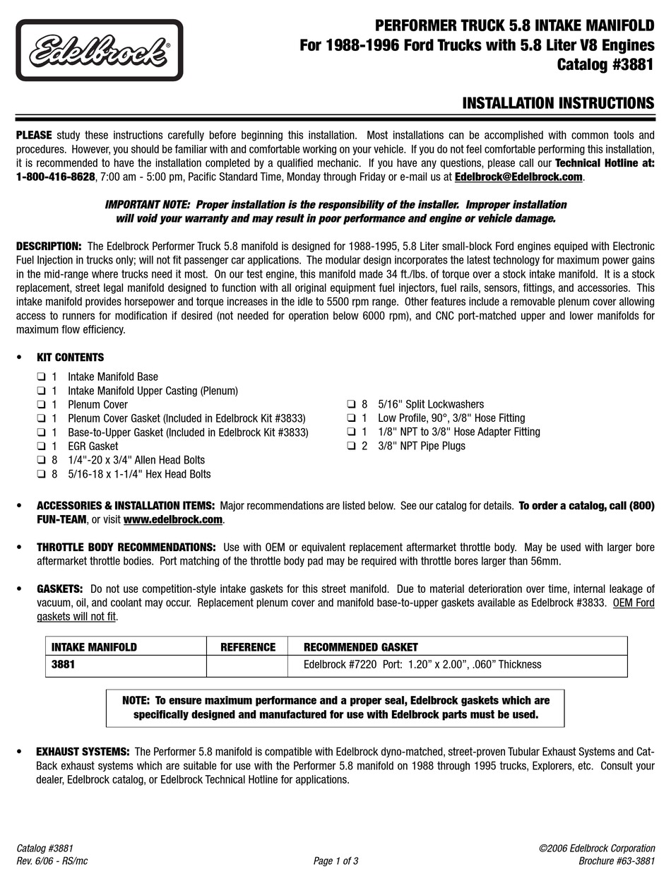 EDELBROCK 3881 INSTALLATION INSTRUCTIONS Pdf Download ManualsLib