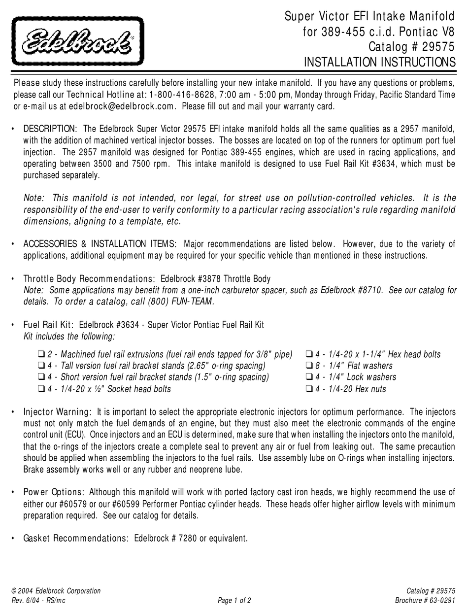 EDELBROCK 29575 INSTALLATION INSTRUCTIONS Pdf Download ManualsLib