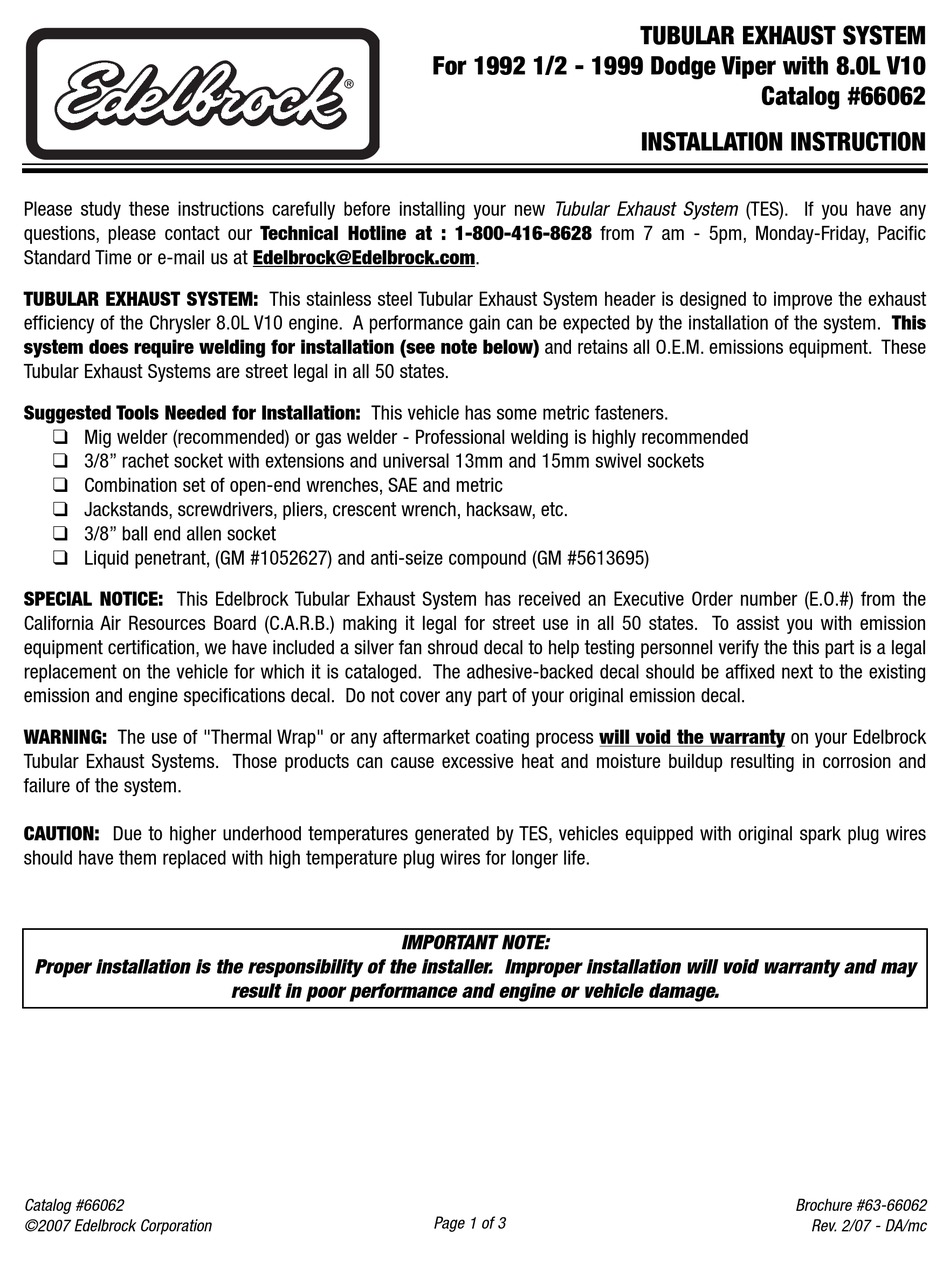 EDELBROCK 66062 INSTALLATION INSTRUCTIONS Pdf Download ManualsLib