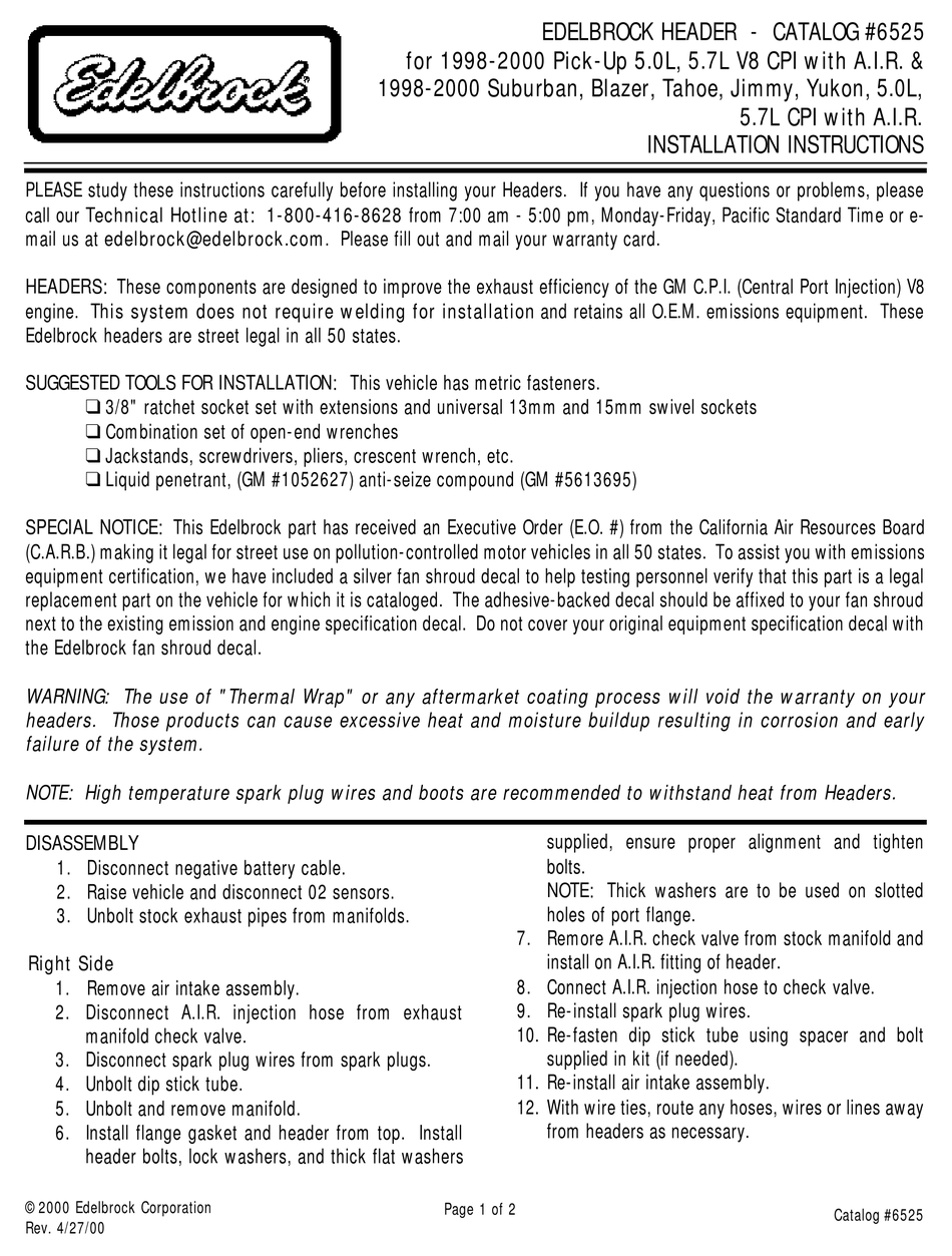 EDELBROCK HEADER 6525 INSTALLATION INSTRUCTIONS Pdf Download ManualsLib