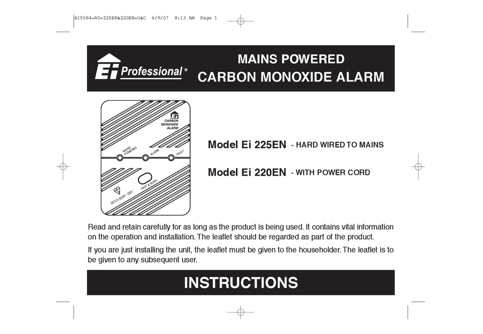 EI ELECTRONICS CARBON MONOXIDE ALARM EI220EN INSTRUCTIONS MANUAL Pdf
