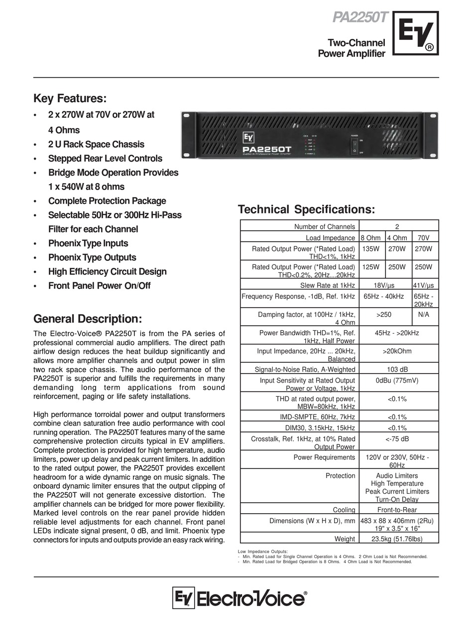 ELECTROVOICE POWER AMPLIFIER PA2250T SPECIFICATION SHEET Pdf Download