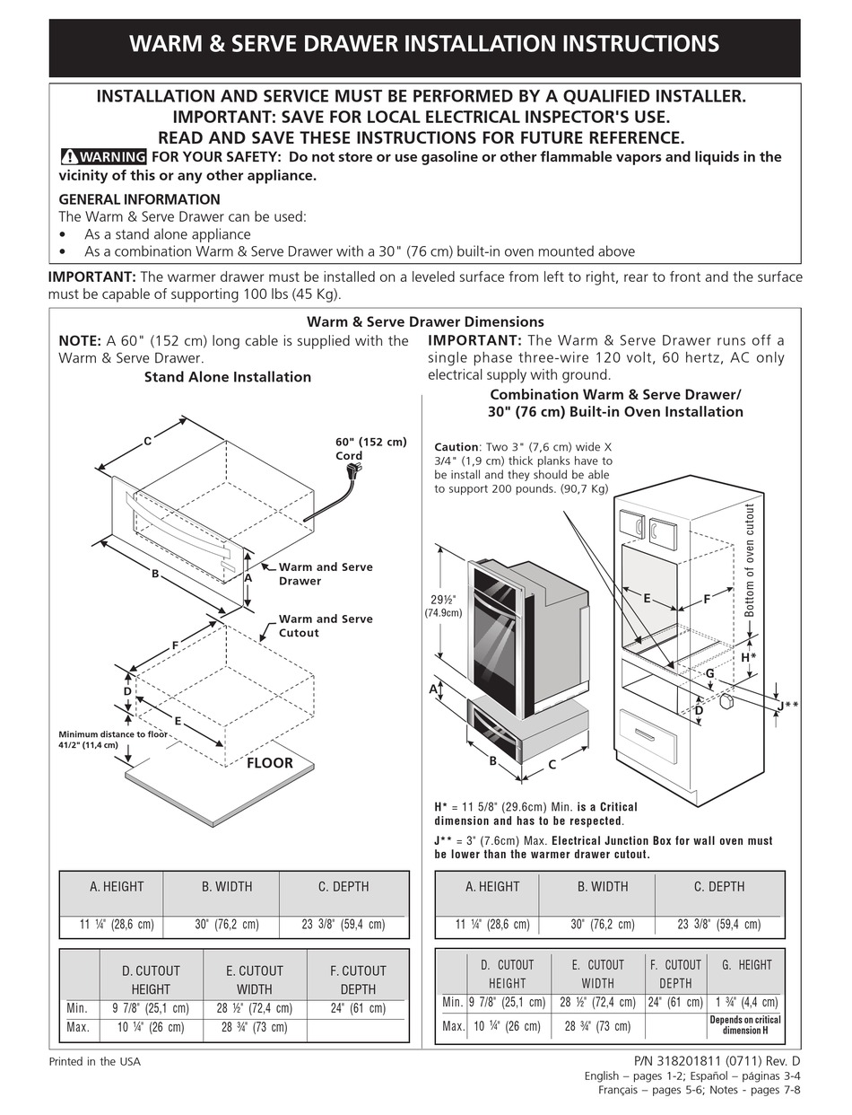 ELECTROLUX 318201811 INSTALLATION INSTRUCTIONS MANUAL Pdf Download