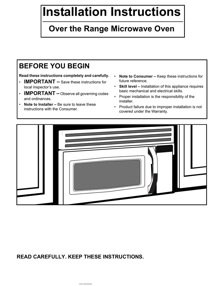 ELECTROLUX OVER THE RANGE MICROWAVE OVEN INSTALLATION INSTRUCTIONS MANUAL Pdf Download ManualsLib