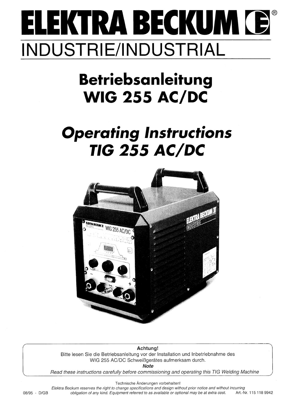 ELEKTRA BECKUM TIG WELDING MACHINE TIG 255 DC BETRIEBSANLEITUNG Pdf