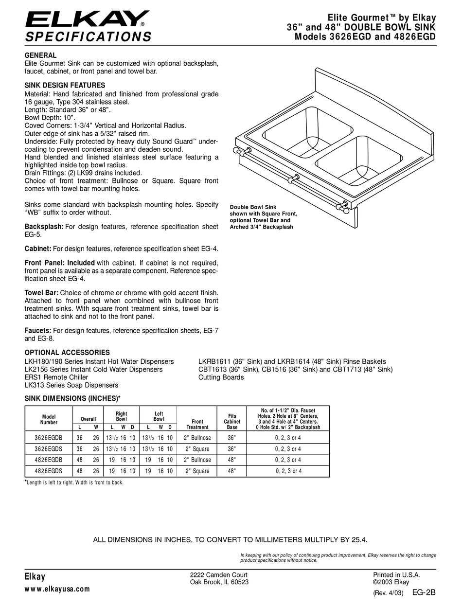 ELKAY ELITE GOURMET 3626EGD SPECIFICATIONS Pdf Download ManualsLib