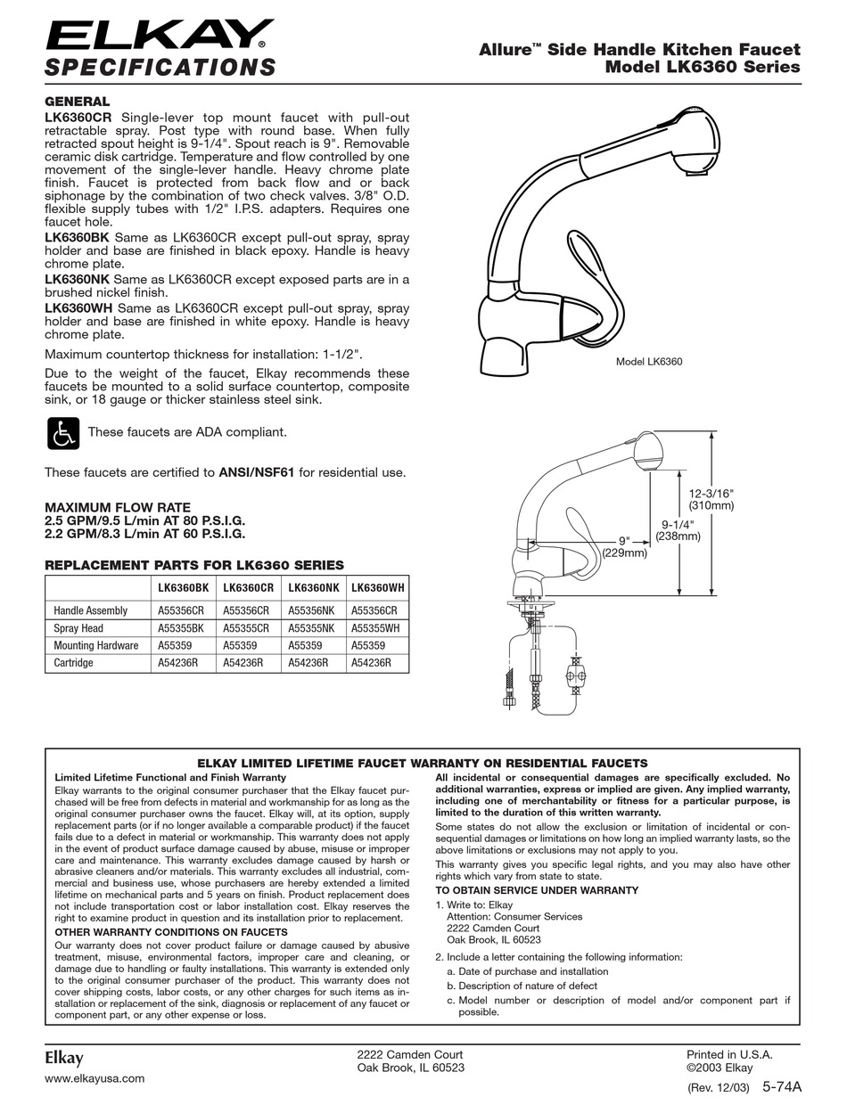 ELKAY LK6360 SERIES SPECIFICATIONS Pdf Download ManualsLib