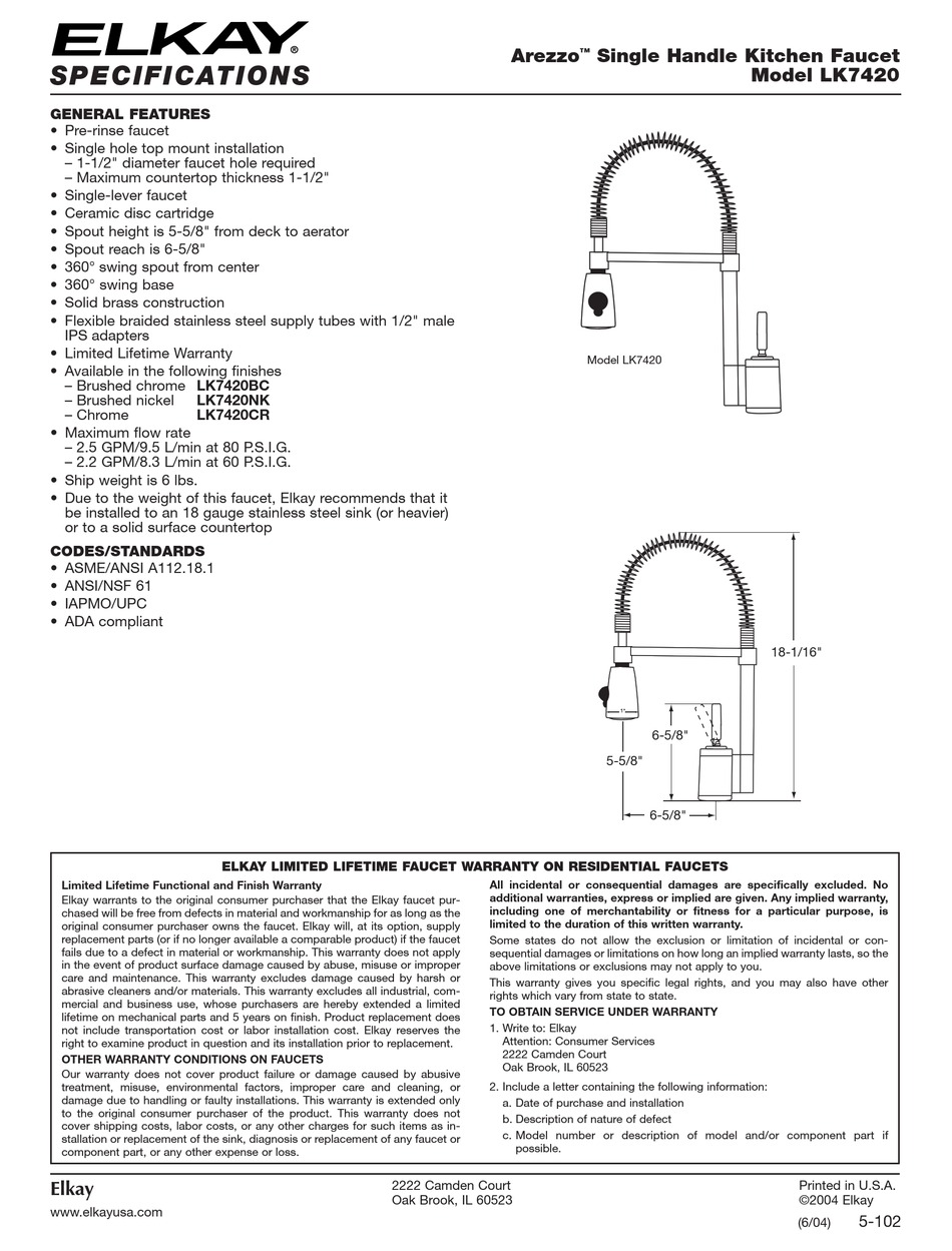 ELKAY AREZZO LK7420BC SPECIFICATIONS Pdf Download ManualsLib