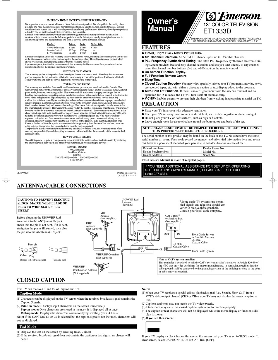 Emerson Model St55u Operations Manual