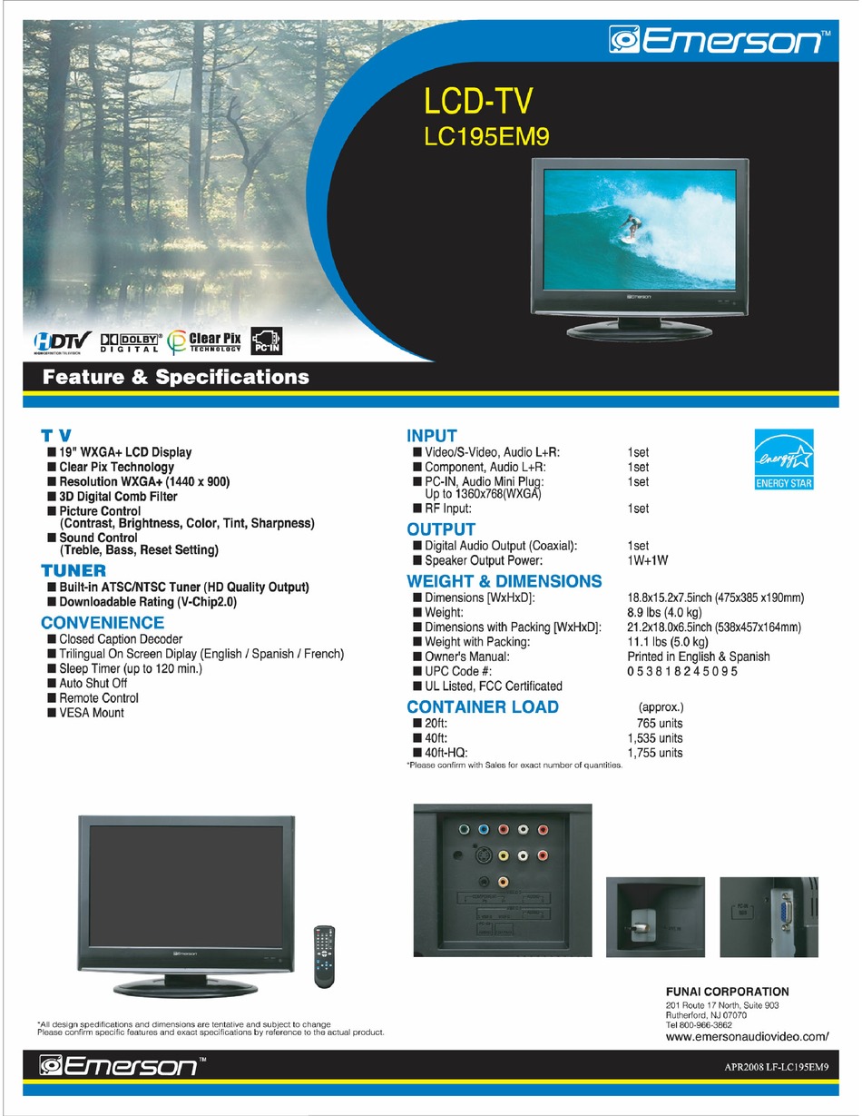 EMERSON LC195EM9 SPECIFICATION SHEET Pdf Download | ManualsLib