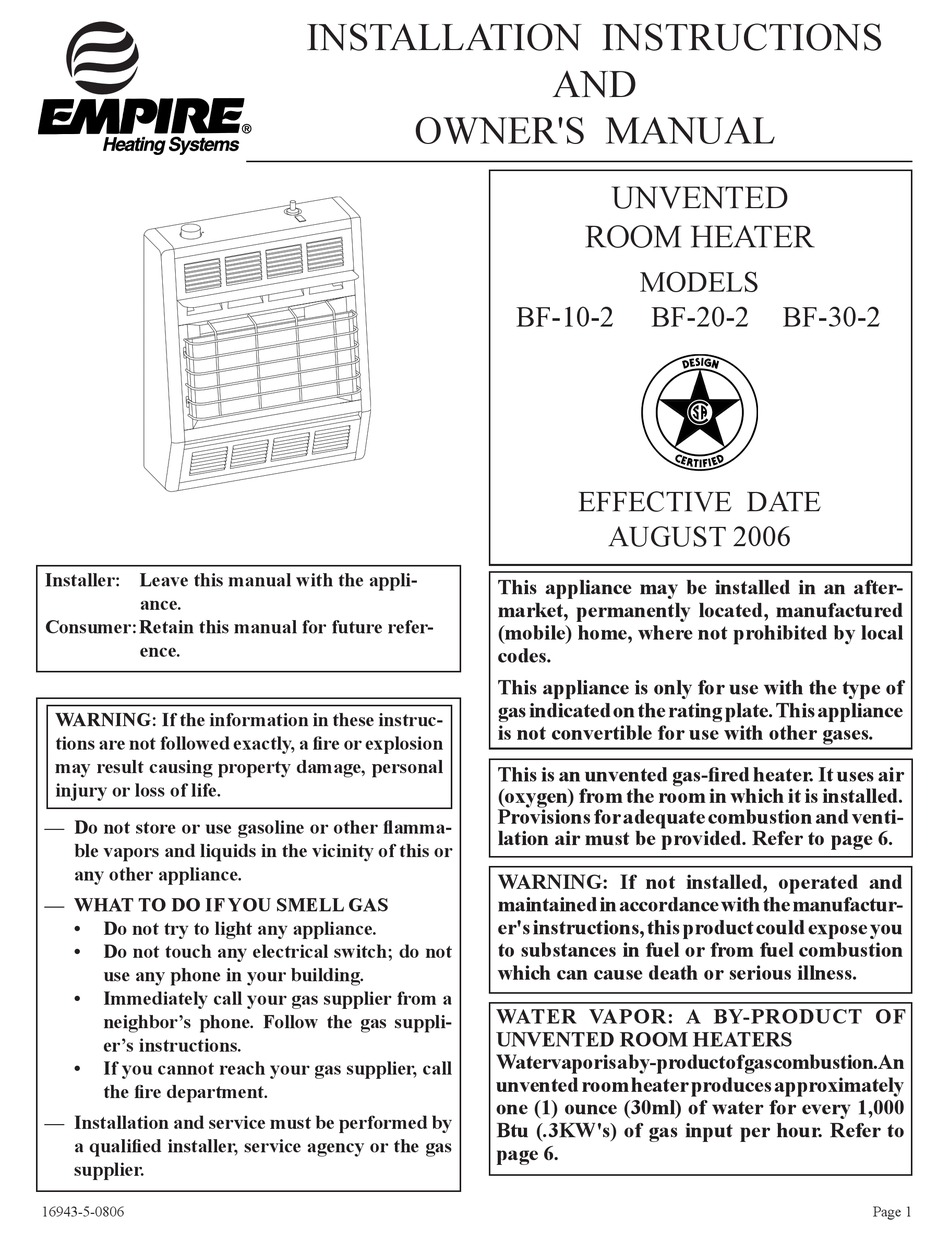 EMPIRE COMFORT SYSTEMS BF102 INSTALLATION INSTRUCTIONS AND OWNER