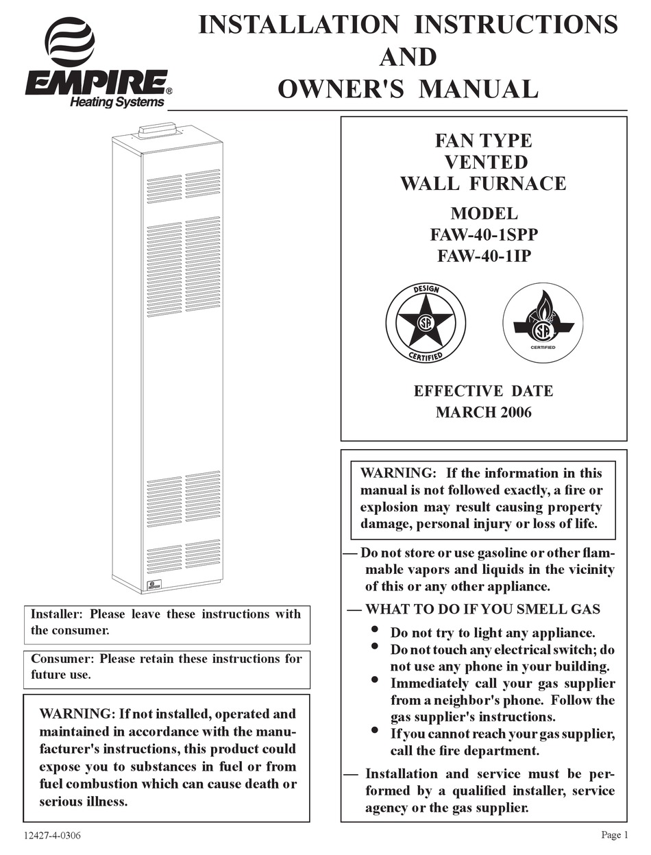 EMPIRE HEATING SYSTEMS FAW401IP INSTALLATION INSTRUCTIONS AND OWNER'S