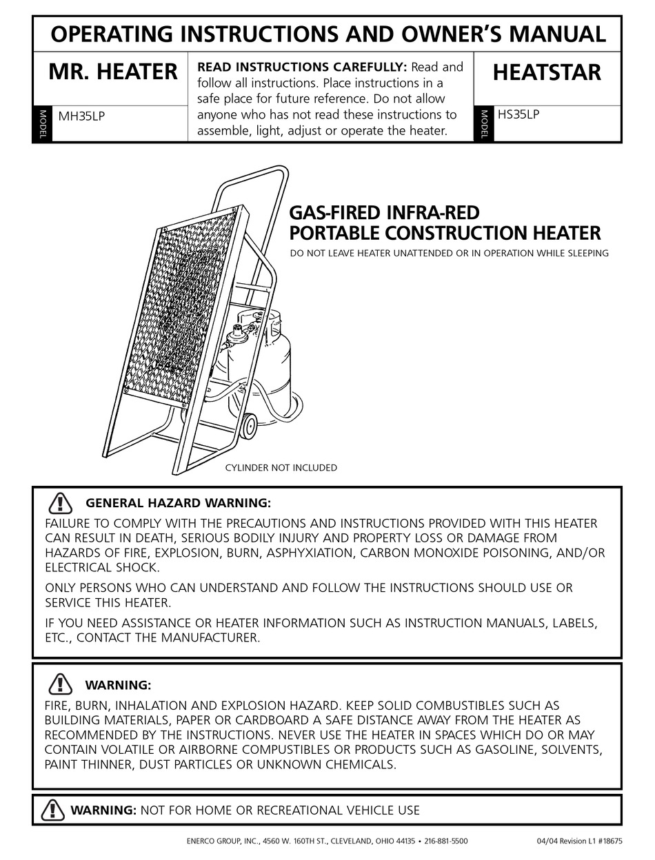 ENERCO HEATSTAR HS35LP OPERATING INSTRUCTIONS AND OWNER'S MANUAL Pdf