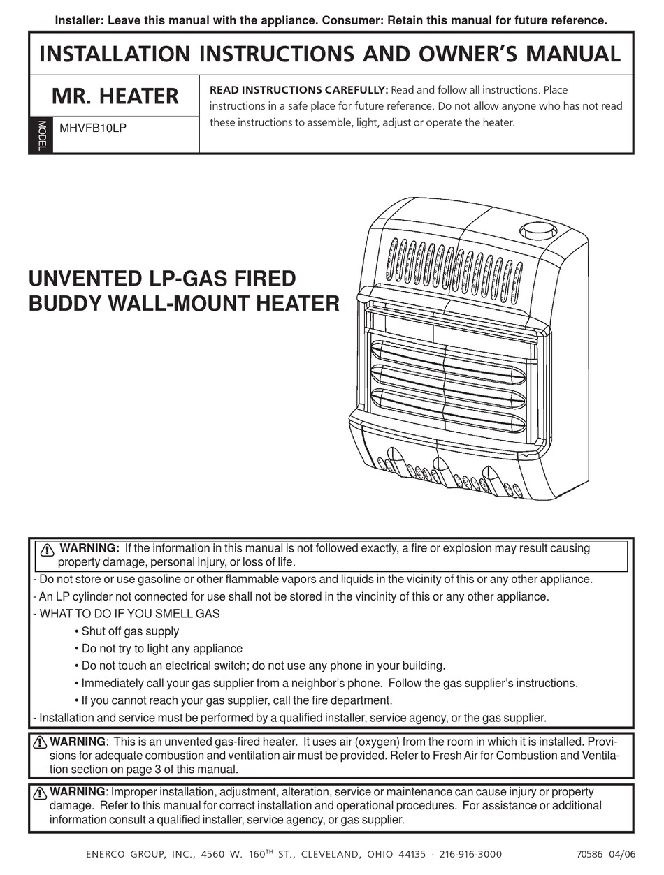 MR. HEATER MHVFB10LP INSTALLATION INSTRUCTIONS AND OWNER'S MANUAL Pdf